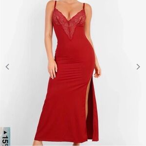 Shapewear Lace V Neck Side Slit Slimming Maxi Slip Dress, Red in Small